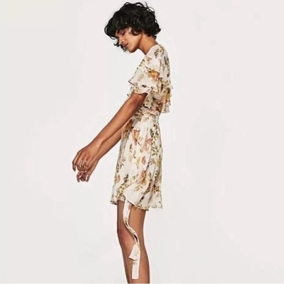 Zara Cream Fall floral chiffon ruffle wrap dress Fairycore Boho western feminine - Picture 3 of 16